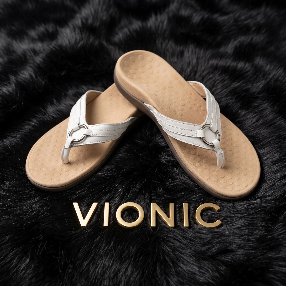 Vionic Aloe White Leather Toe Post Orthotic Sandals Women 10 Silver Ring Thong